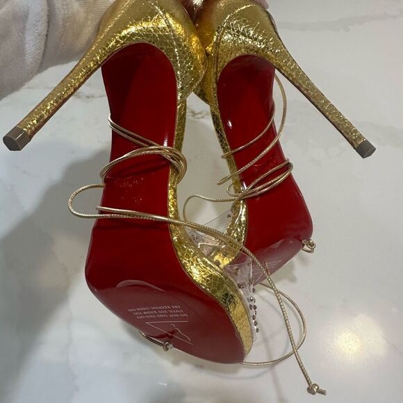 Christian Louboutin Gold Strappy Heels with Crystal Detailing - Picture 8 of 13